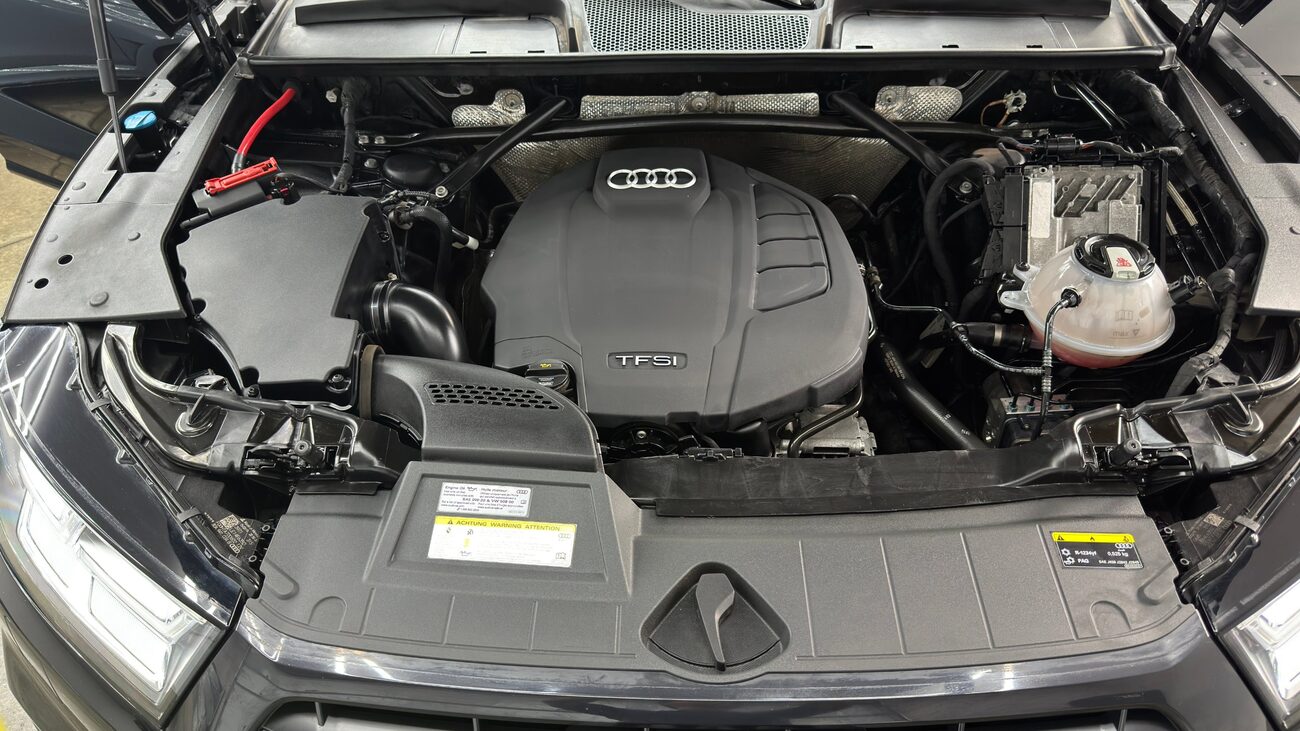 The same engine bay cleaned, plastics left matte